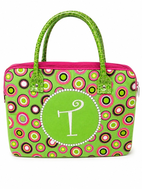 Handbags - Green and Pink Patterned Laptop Bag with Initial Accent